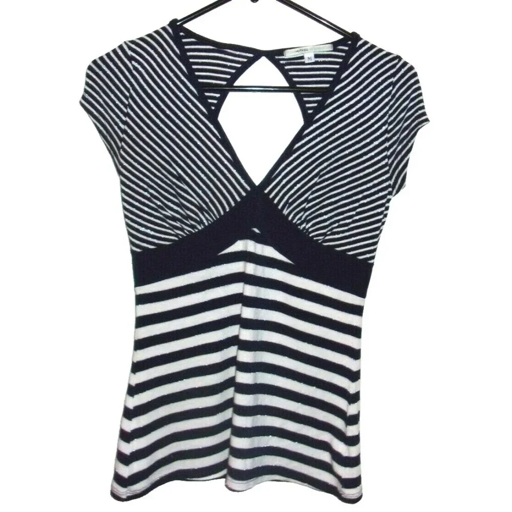 Hot Kiss Blue White Silver Striped Short Sleeve Top M Metallic‎ Keyhole Blouse